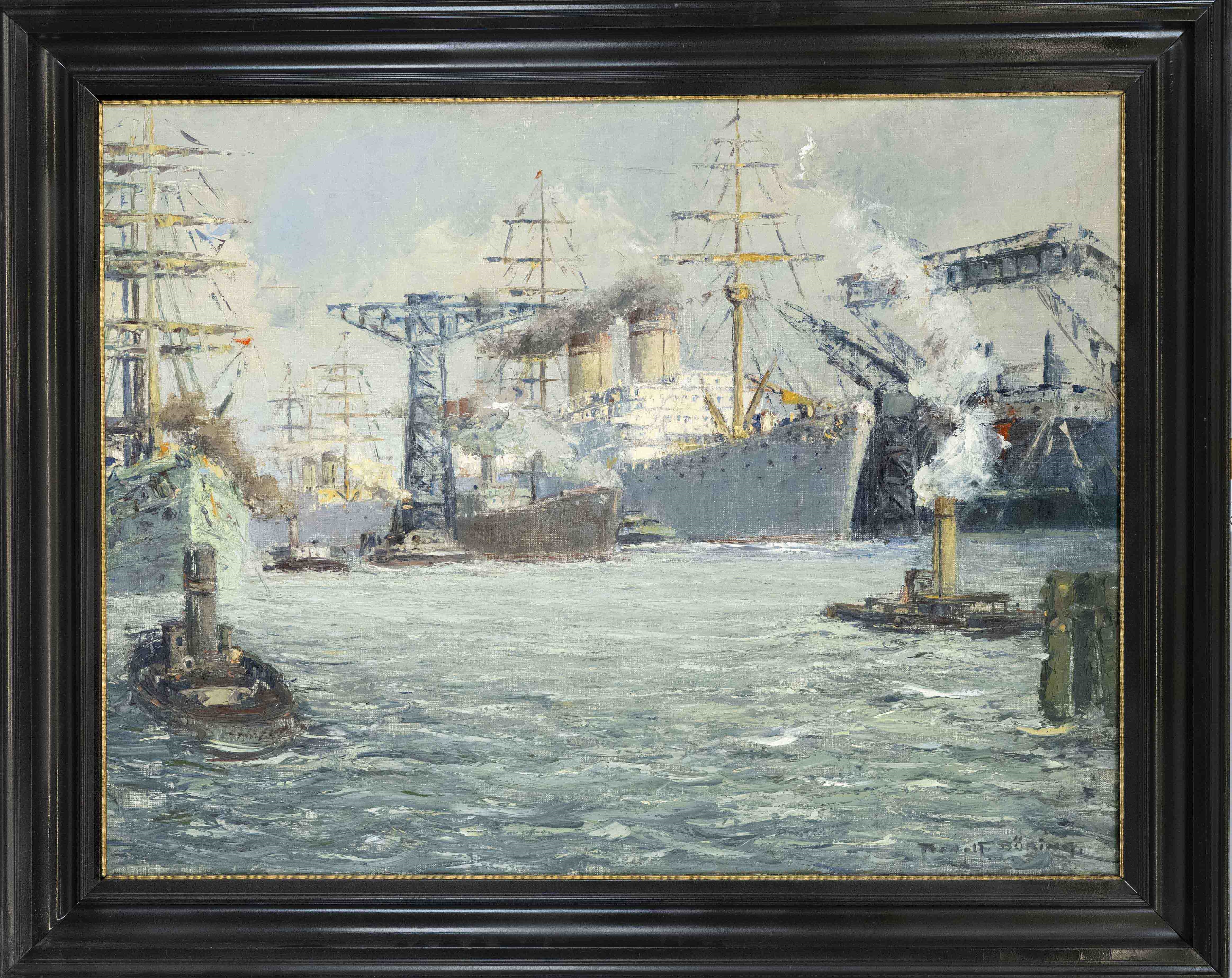 Artwork by Rudolf Döring, Hamburger Hafen mit Segelschiff auf der Werft Blohm und Voss, Made of Öl Auf Lwd.