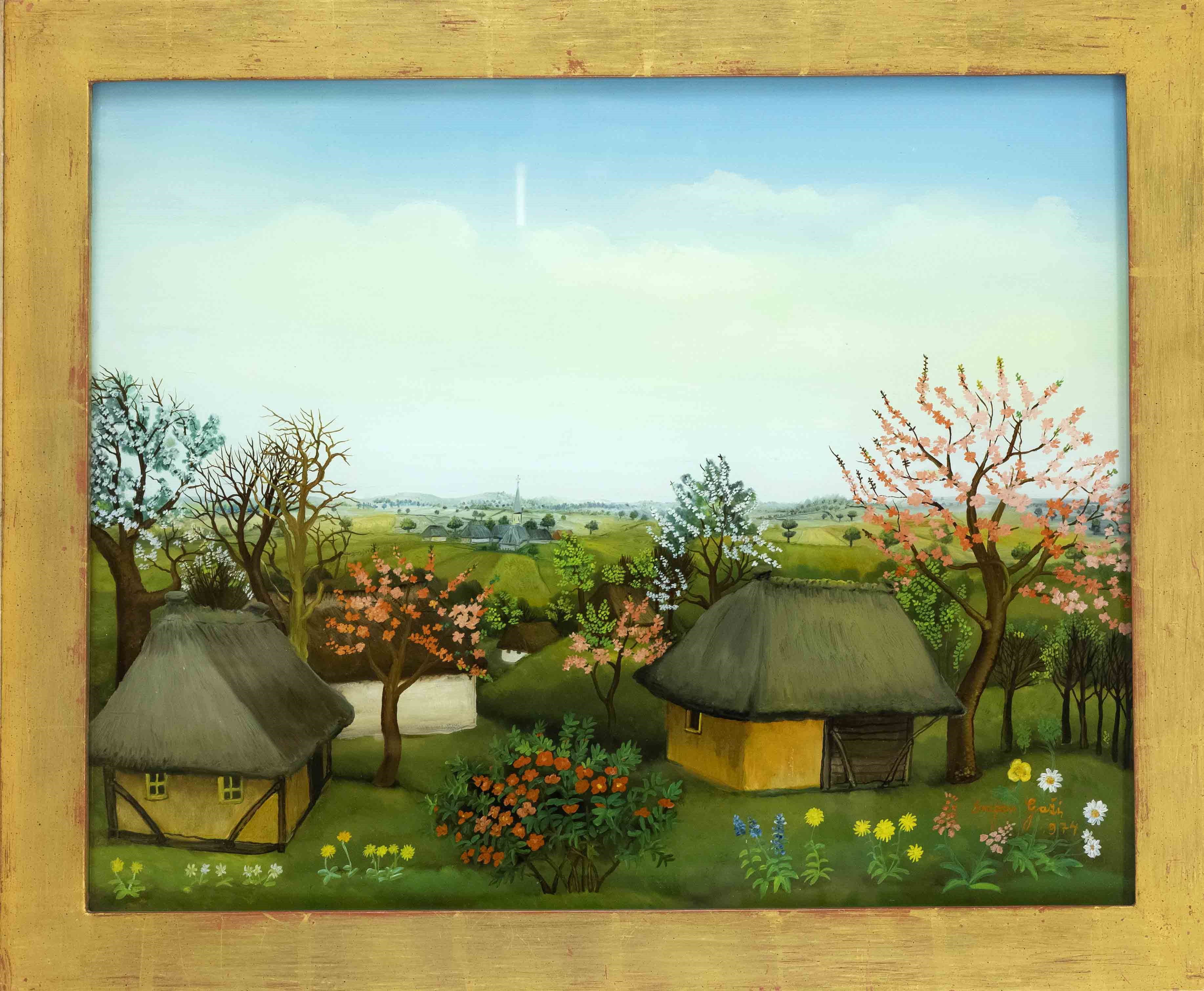 Artwork by Dragan Gazi, weite Landschaft mit blühenden Obstbäumen, Made of Hinterglasmalerei