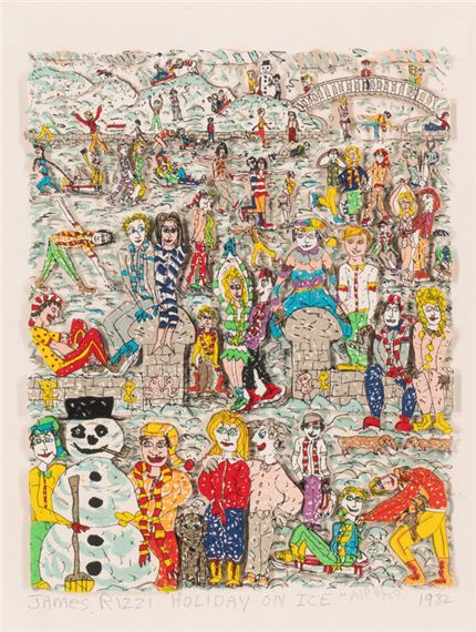 A chaotic winter scene filled with figures in colorful costumes and a snowman.