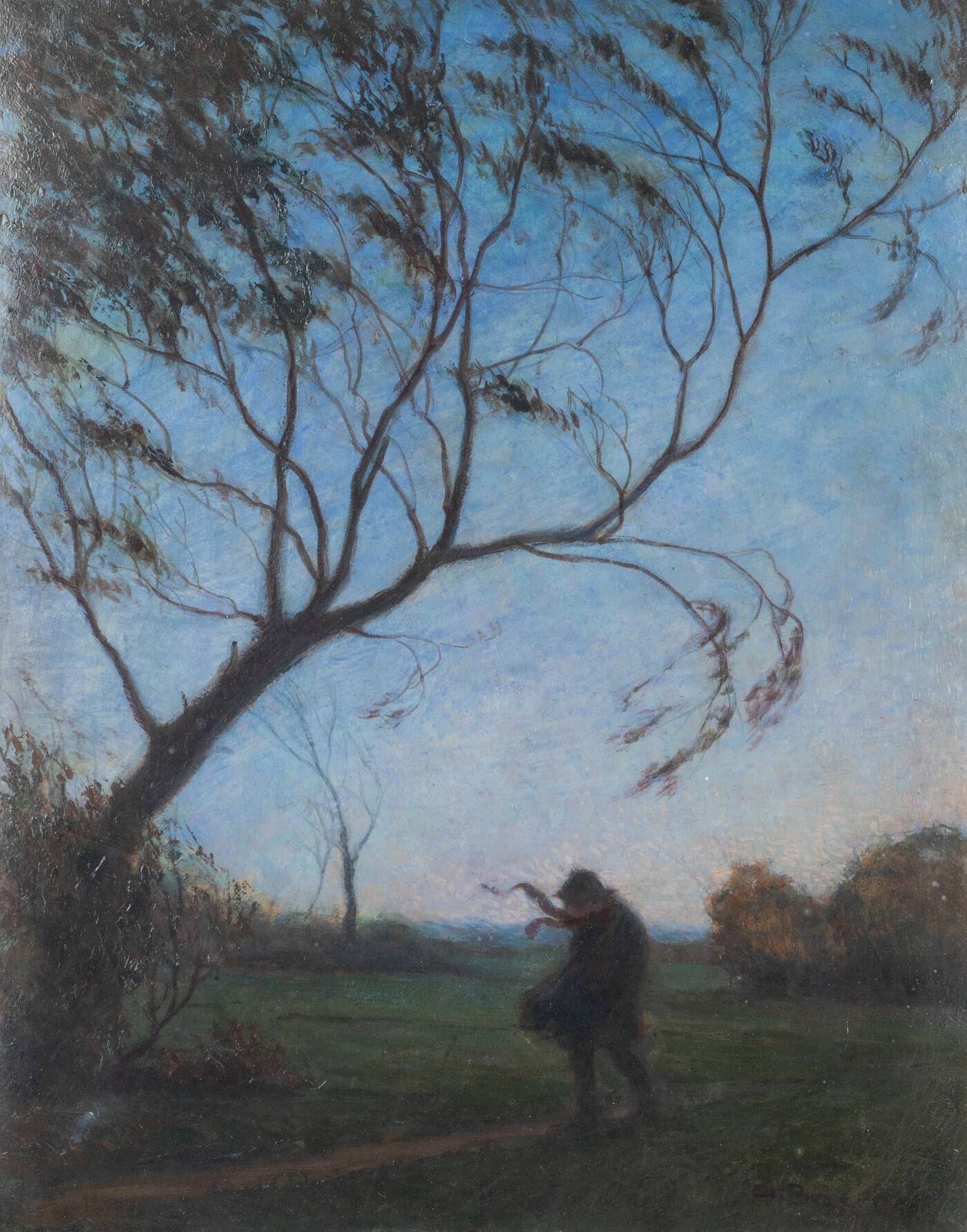 Artwork by Giulio Boetto, Paesaggio con viandante e grande albero, Made of oil on cardboard
