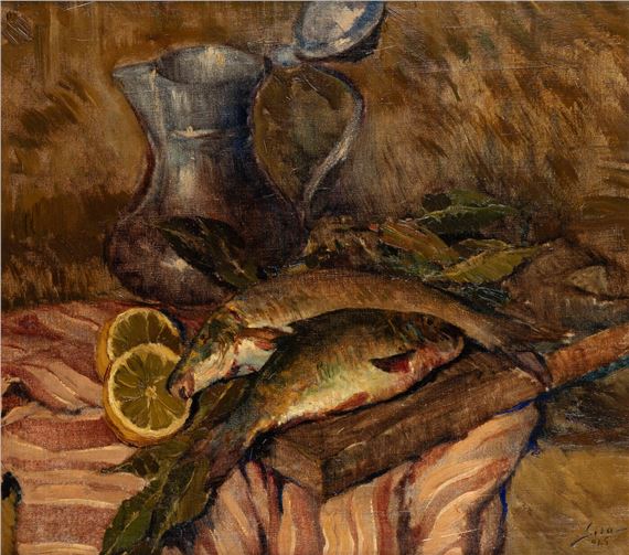 Natura morta con pesci by Mario Lisa, 1945