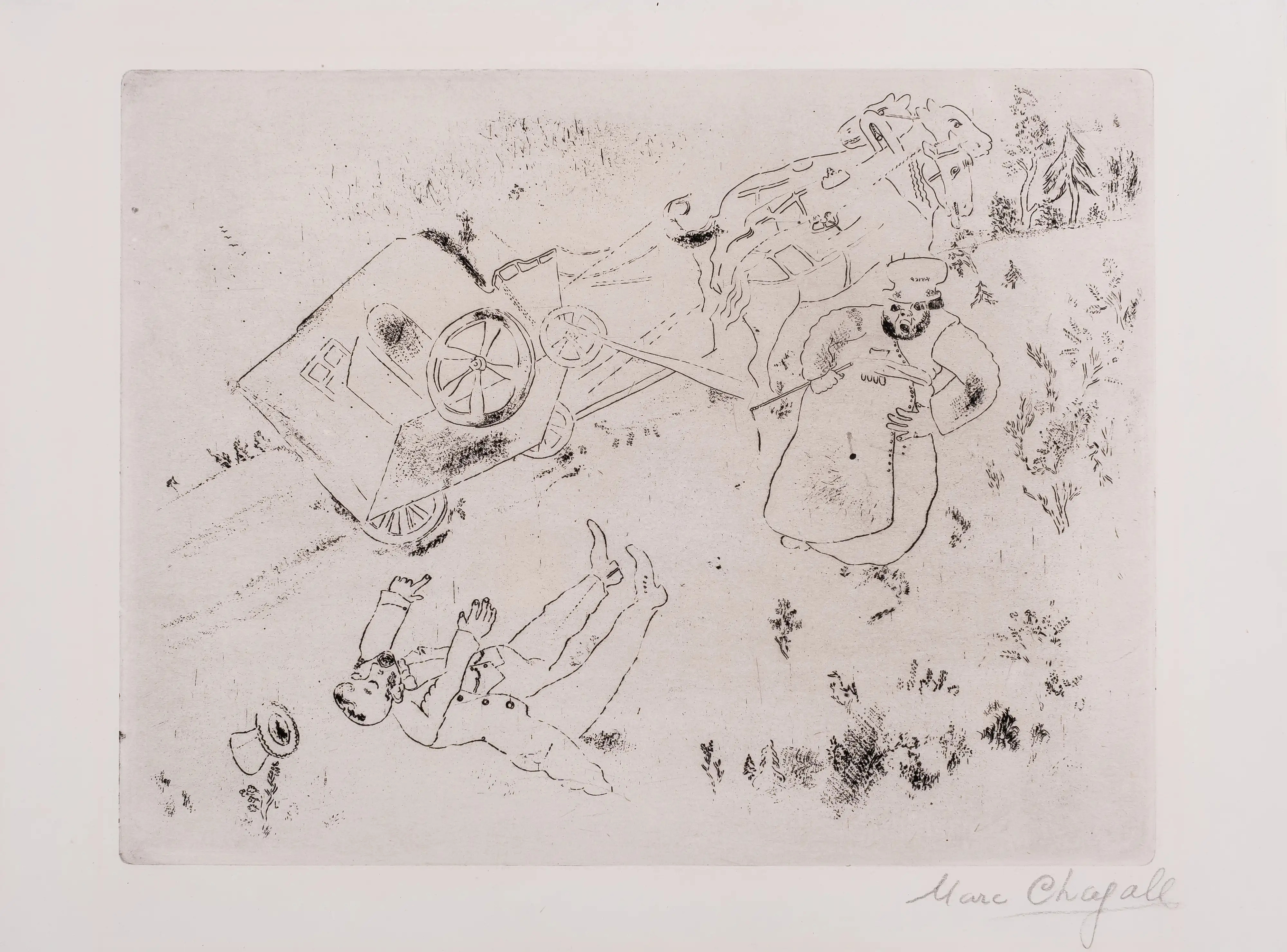 Artwork by Marc Chagall, La Britchka S'est Renversée pl.14, from Les Âmes Mortes, Made of Etching