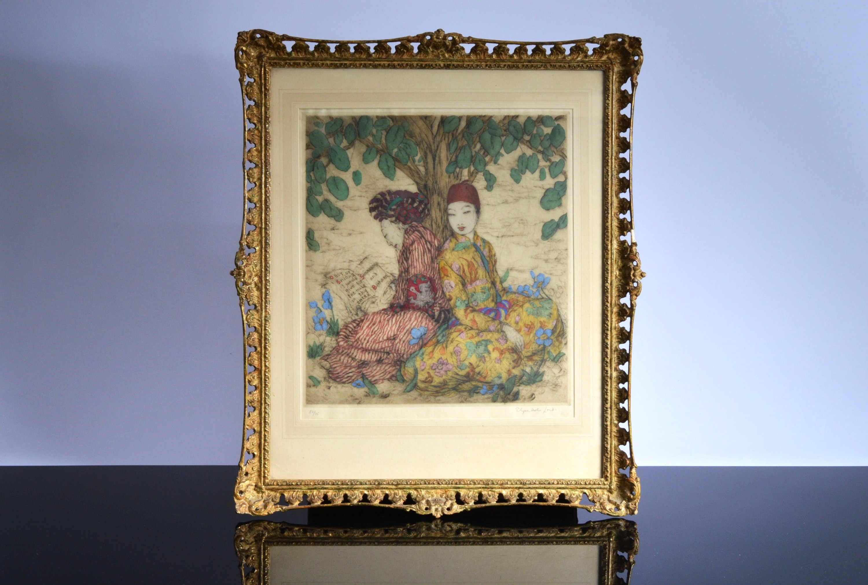 Artwork by Elise Ashe Lord, Couple Reading Under a Tree, Made of coloured dry point etching