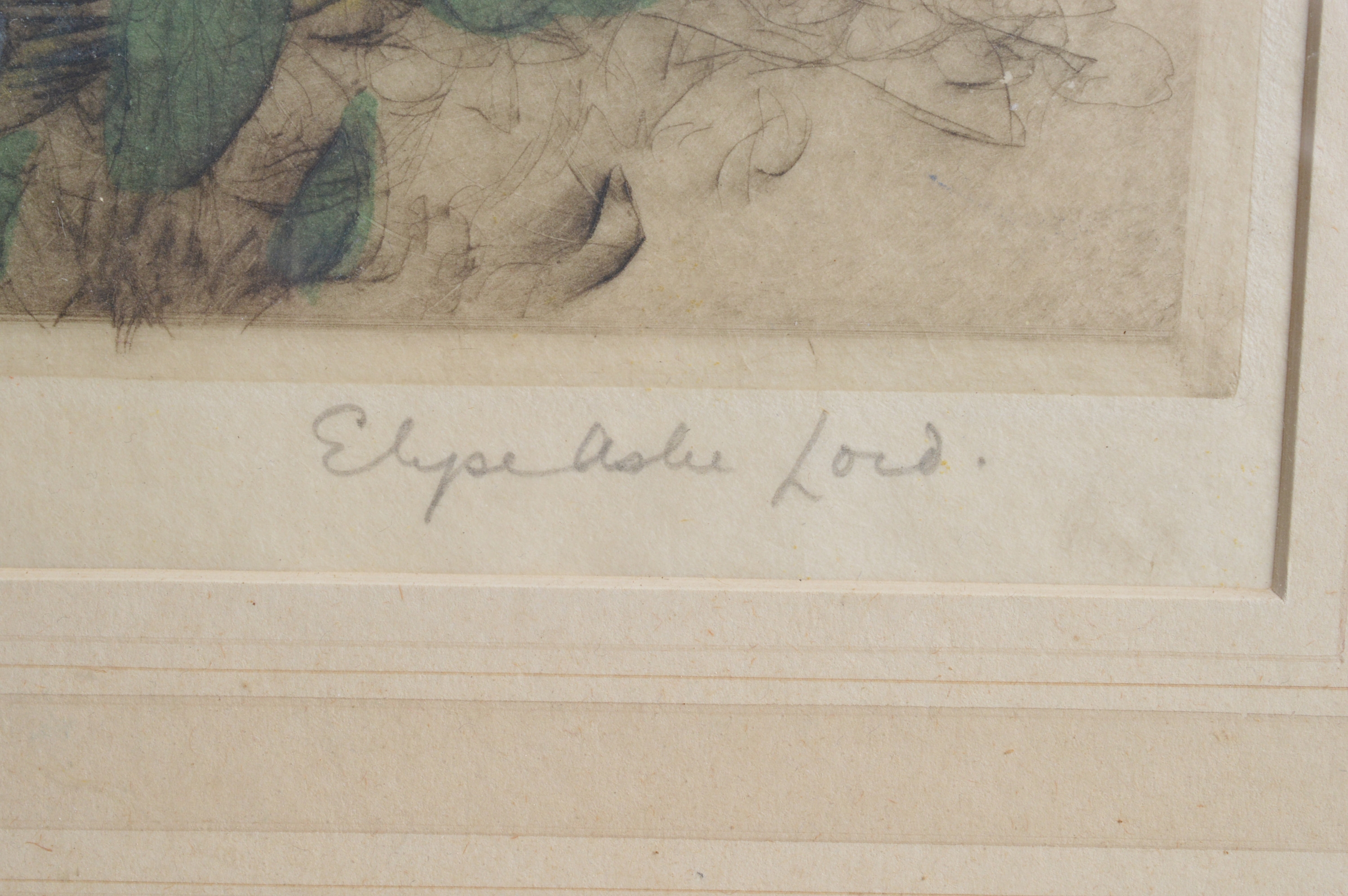 Artwork by Elise Ashe Lord, Couple Reading Under a Tree, Made of coloured dry point etching