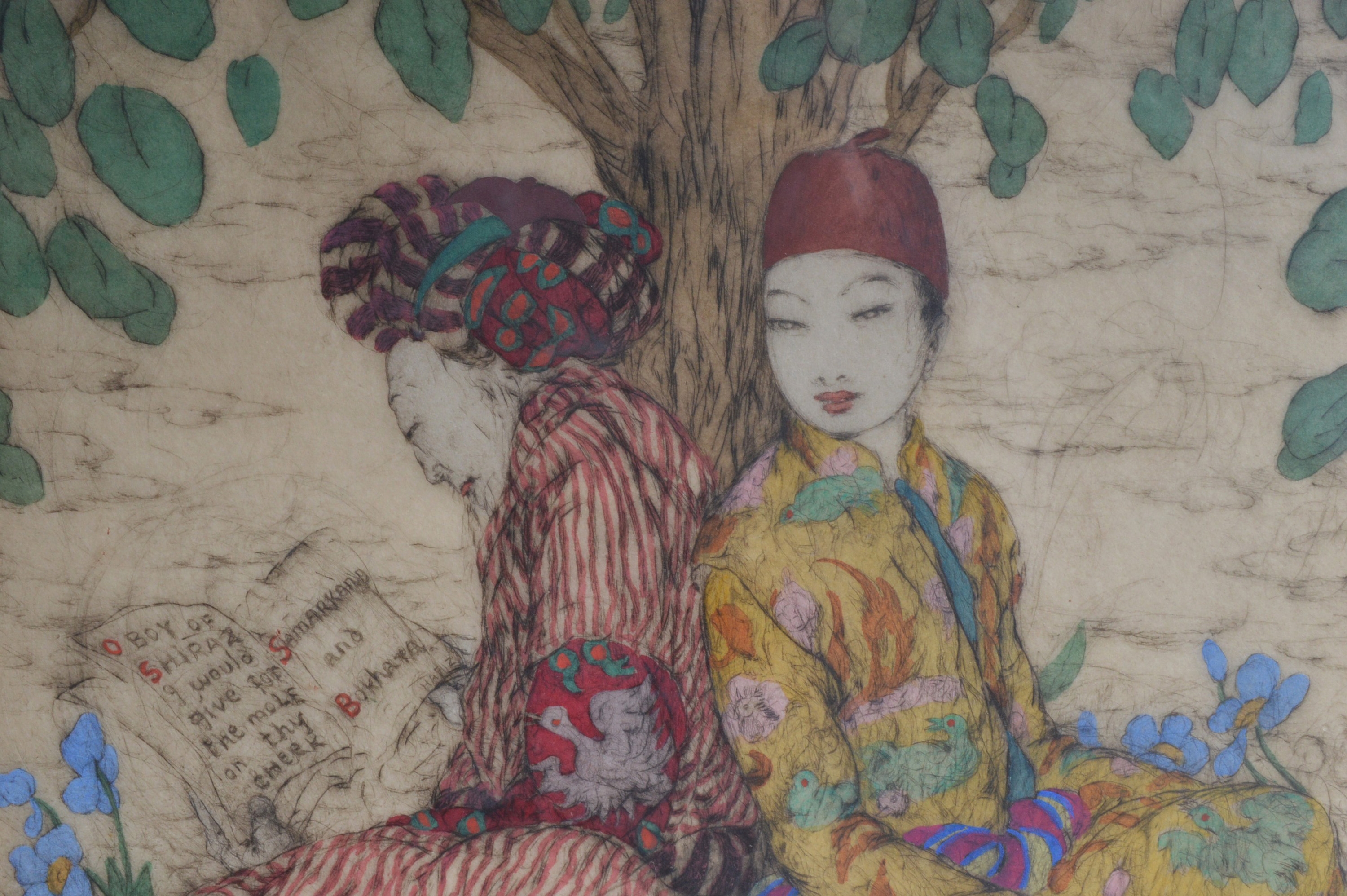 Artwork by Elise Ashe Lord, Couple Reading Under a Tree, Made of coloured dry point etching