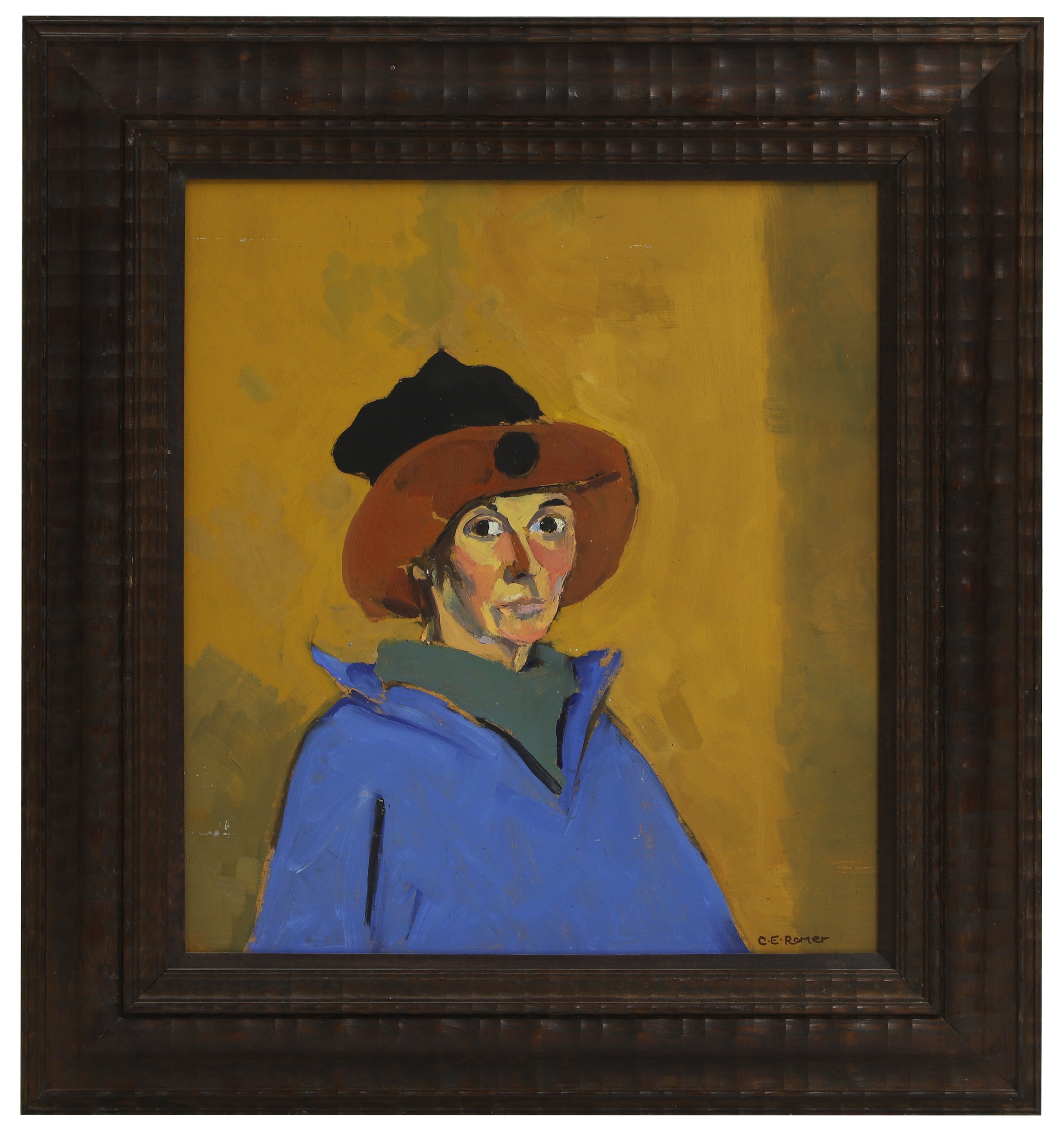 Caroline Romer | Portrait of a woman in blue coat and a hat | MutualArt