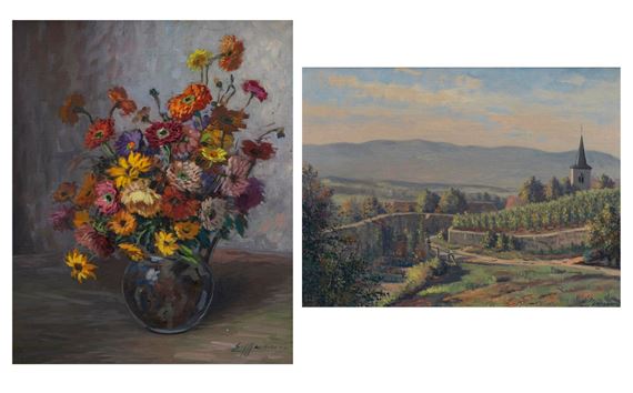 Village de campagne; Nature morte aux fleurs by Eugène Meinen