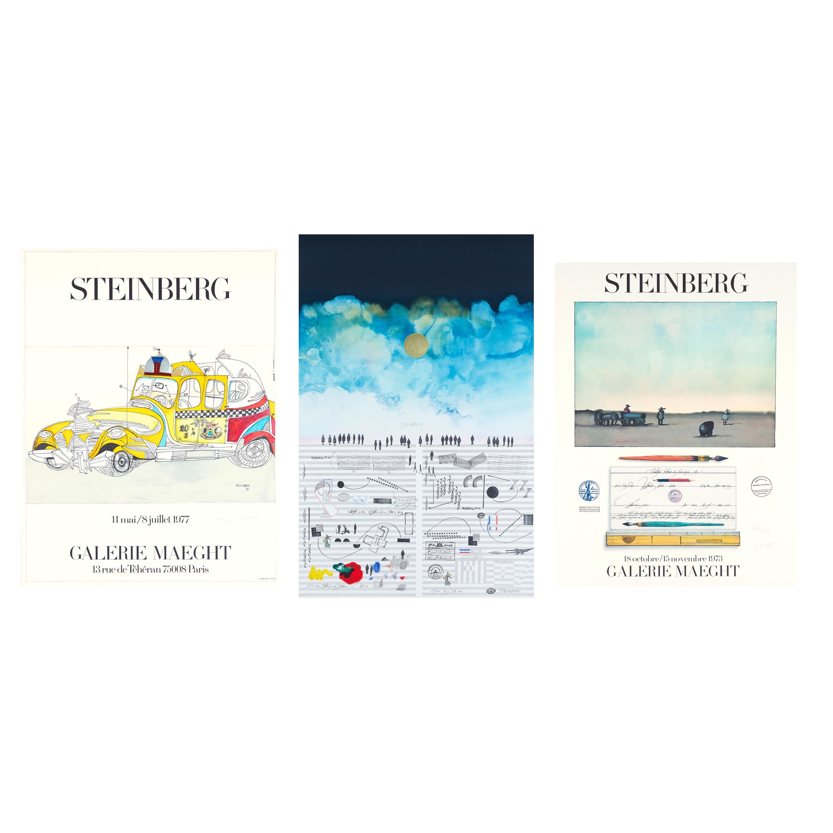 Artwork by Saul Steinberg, Ensemble de trois affiches sur Vélin signées, Made of lithograph