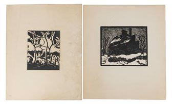 A diptych of stark black-and-white woodcuts depicting a forest scene and a snowy landscape with a building.