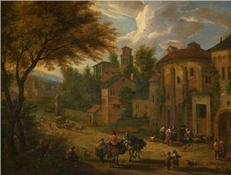 Paysage avec un village en Italie et une scène de marché - Pieter Bout