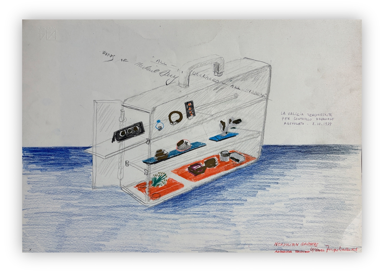 Artwork by Antonio Fraguas de Pablo, La valigia trasparente per controllo doganale agevolato, Made of tecnica mista su cartoncino