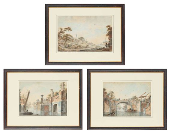 Twee stadsgezichten en gezicht op een kerkje - Dirk Verrijk