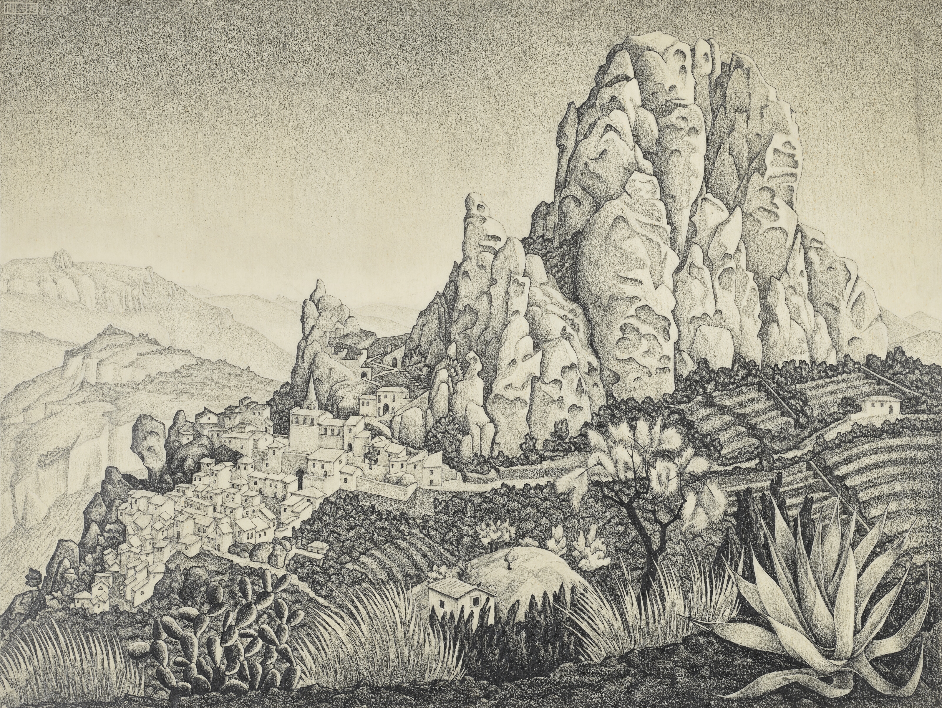 Artwork by Maurits Cornelis Escher, Pentedattilo, Calabria, Made of Pen and India ink, charcoal and pencil on vellum