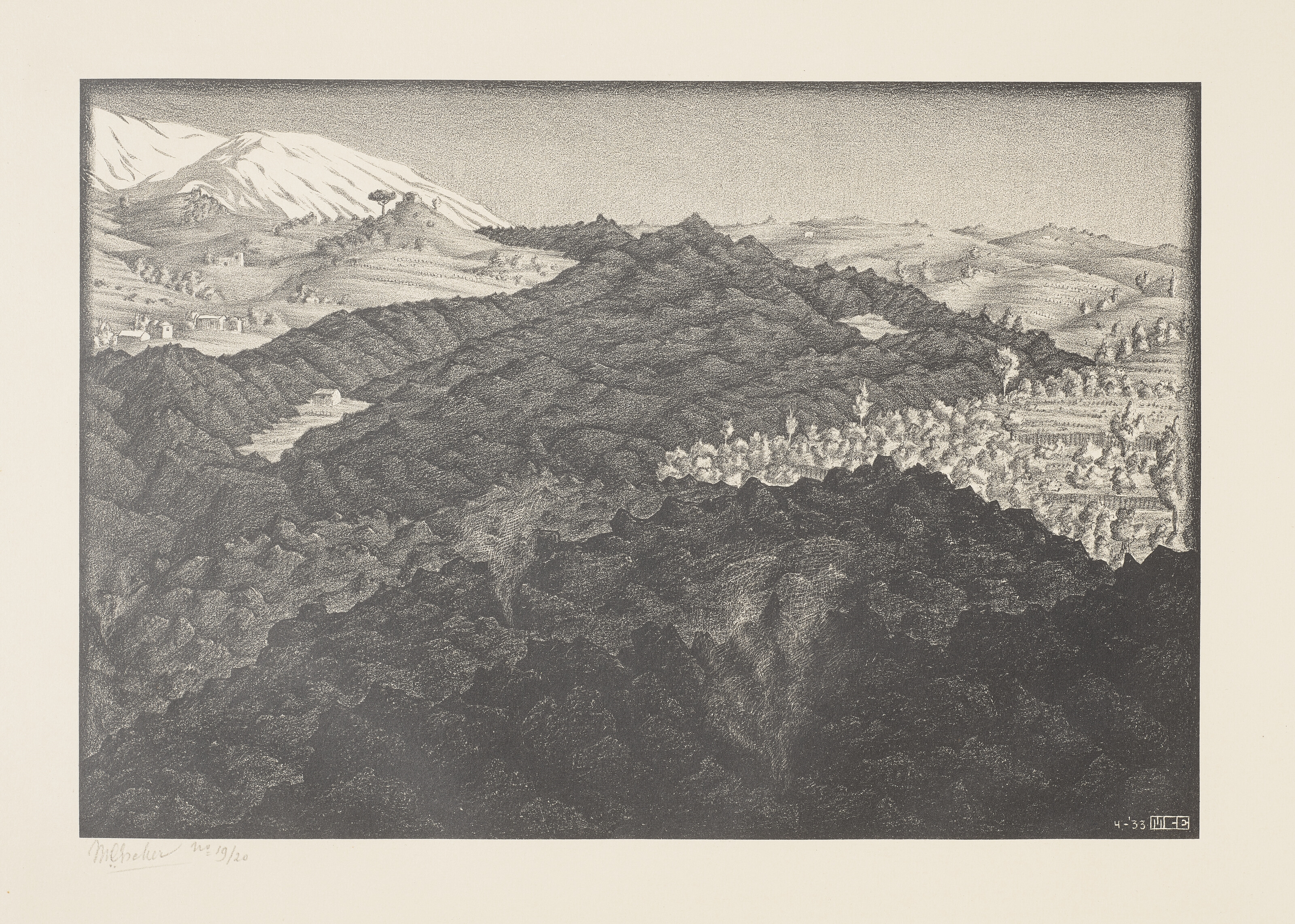 Artwork by Maurits Cornelis Escher, Lava Flow of 1928 from Mount Etna, Sicily, Made of Lithograph on cream wove paper