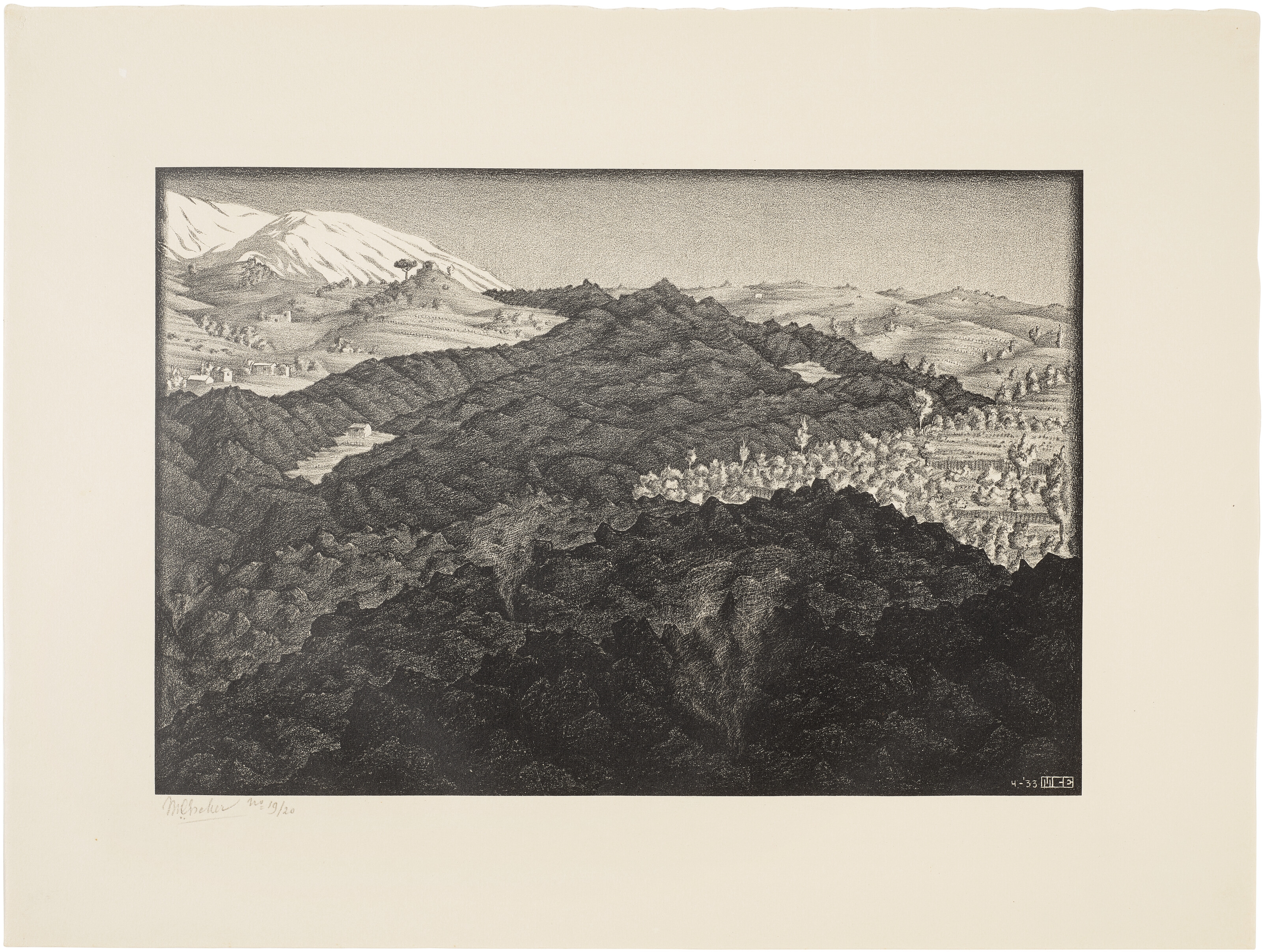 Artwork by Maurits Cornelis Escher, Lava Flow of 1928 from Mount Etna, Sicily, Made of Lithograph on cream wove paper