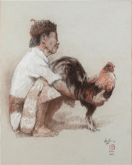 Portrait of a seated man holding a cockerel by Lee Man Fong, 1957