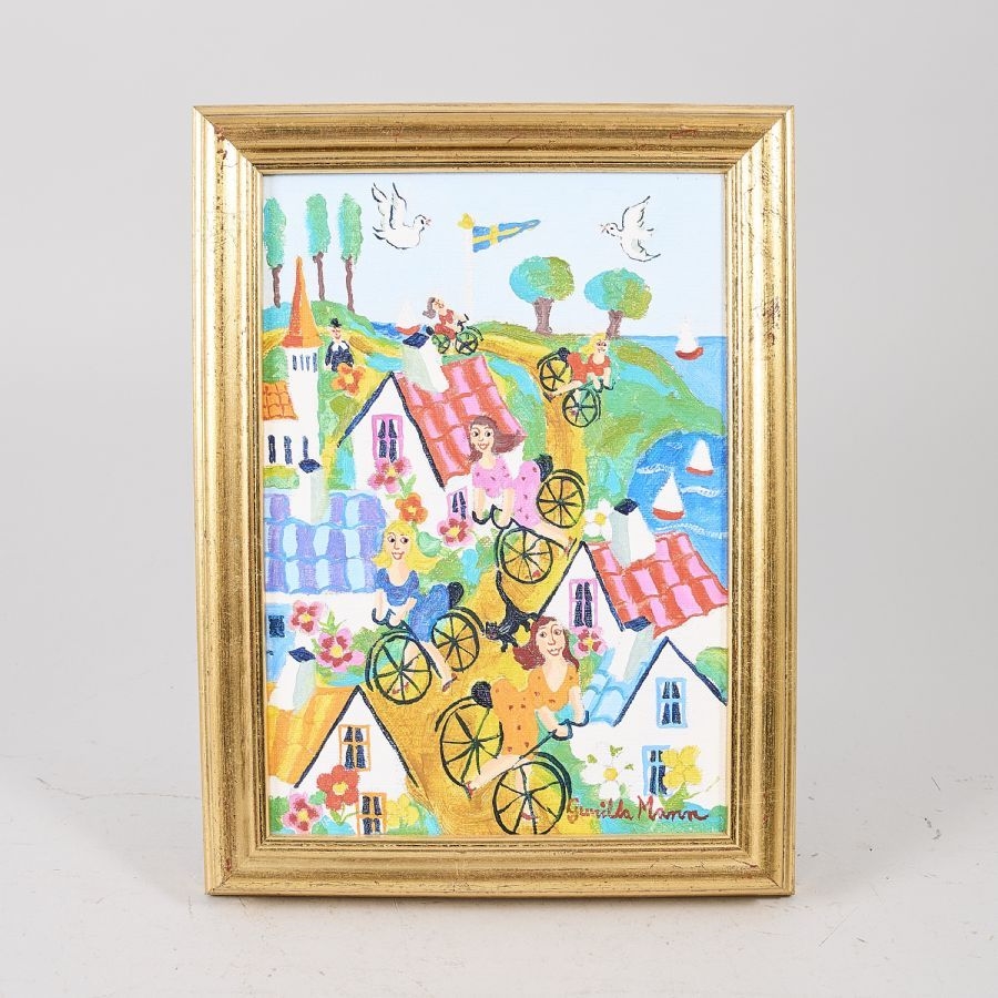 Artwork by Gunilla Mann, Sweden. "Flickor på vift". Signed. Oil on canvas, Made of Oil on canvas