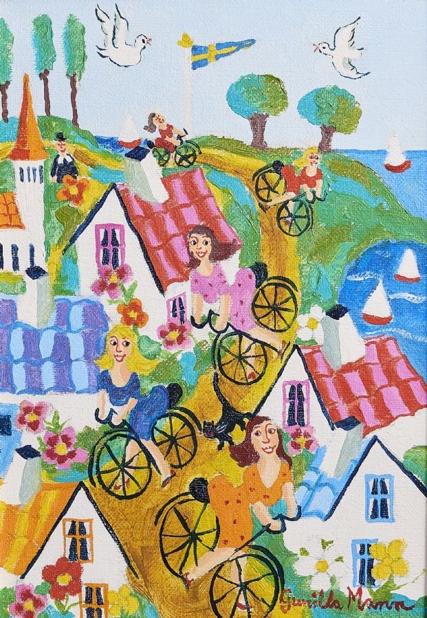 Artwork by Gunilla Mann, Sweden. "Flickor på vift". Signed. Oil on canvas, Made of Oil on canvas