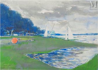 Après-midi au bord du lac d'Annecy Original watercolor and India ink Signed in ink On paper 36 x 50.5 cm Excellent condition The works on paper (posters - Maurice Genis