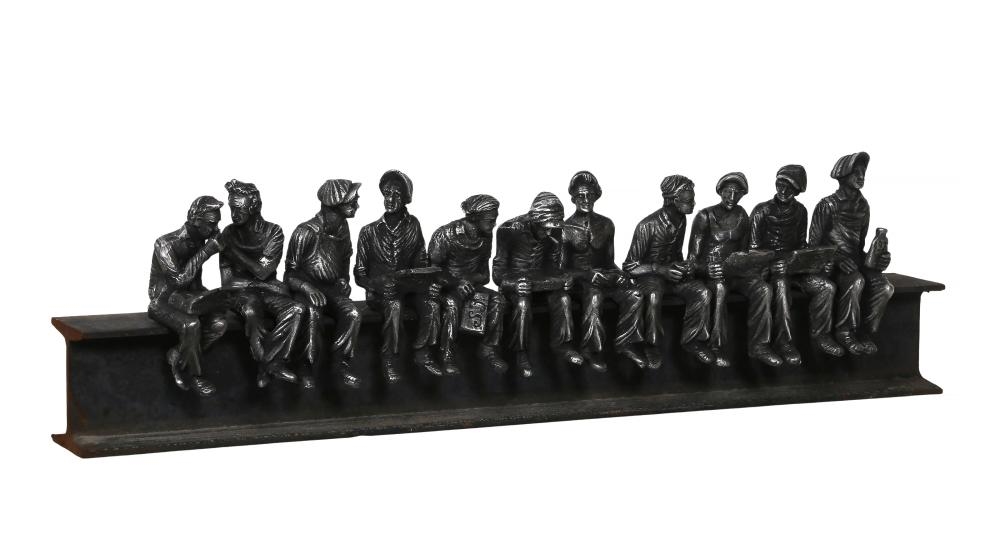 Artwork by Sergio Furnari, Lunchtime on A Skyscraper, Made of stainless steel sculpture