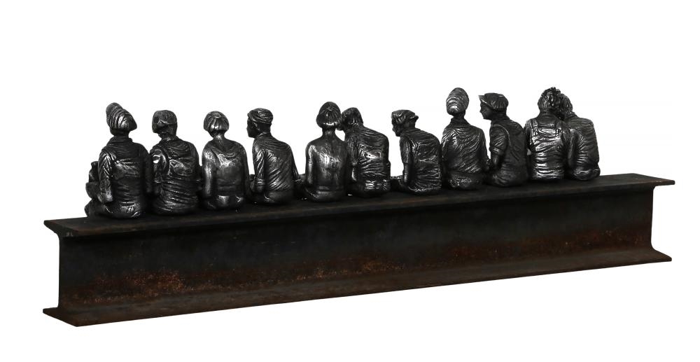 Artwork by Sergio Furnari, Lunchtime on A Skyscraper, Made of stainless steel sculpture