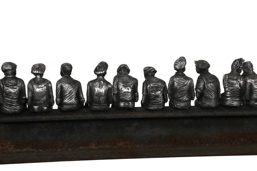 Artwork by Sergio Furnari, Lunchtime on A Skyscraper, Made of stainless steel sculpture