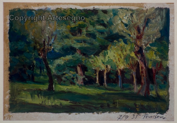 Artwork by Giuseppe Muner, Paesaggio Carnico a Fondon, Made of Oil on paper
