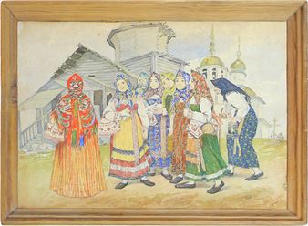 Kokshenga peasant women in festive clothes near the Church of St. Nicholas in 1763 and the Prophet Elijah in 1777 - Feodosy Vakhrushov