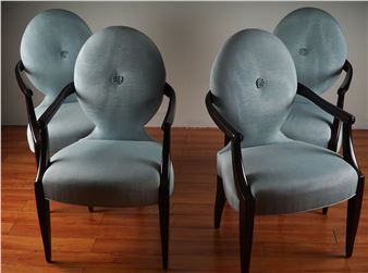 4pc Donghia Oval Back Lounge Armchairs in Ice Blue Silk Upholstery - Angelo Donghia