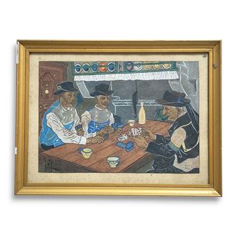 Partie de cartes dans un intérieur breton Crayon gras non signé - Charles Homualk