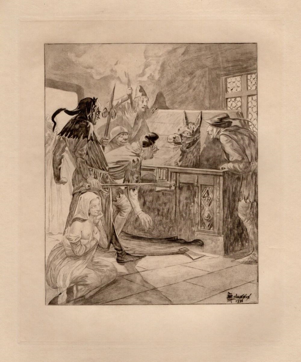 Artwork by Edmond Malassis, Capturing the Donkey III (Capturer l'âne II, Made of copper plate engraving