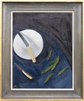 WHITE PLATE WITH KNIFE AND MANGE TOUT - Serena Rowe