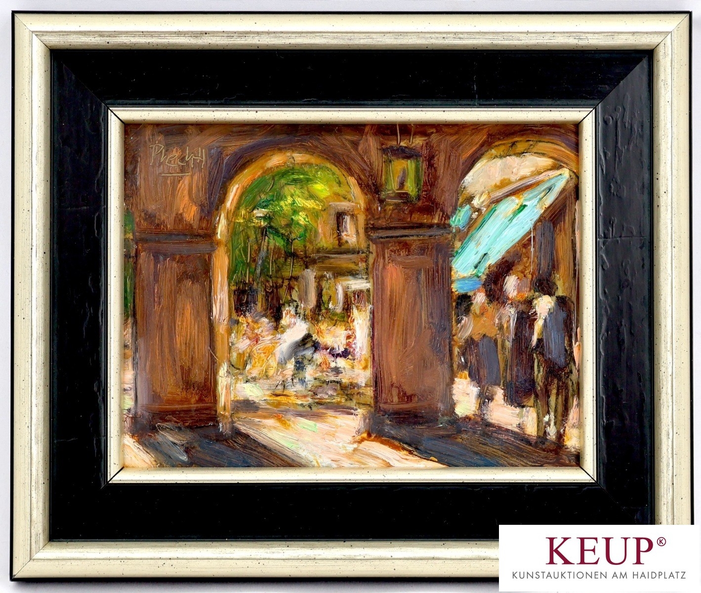 Artwork by Gerhard Prechtl, Altstadtkulisse mit Arkaden, Made of oil on hardboard