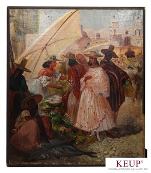 Marktszene in Lima mit reicher Personenstaffage und im Hintergrund die Kathedrale - Johann Moritz Rugendas