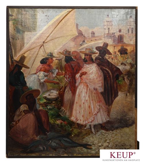 Marktszene in Lima mit reicher Personenstaffage und im Hintergrund die Kathedrale - Johann Moritz Rugendas