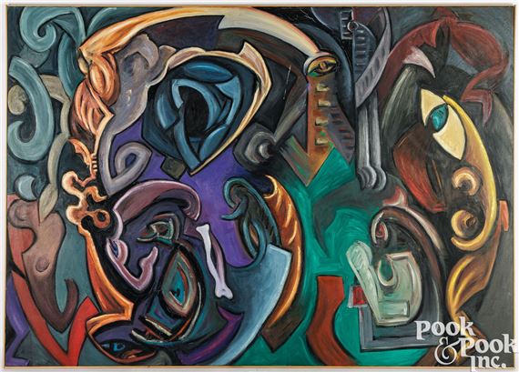 Marilla Palmer oil on canvas Tribal Ritual or Modern Art by Marilla Palmer, dated 1985