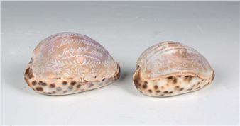 Two mid-19th century carved scrimshaw cowrie shells - Elizabeth Luck Born
