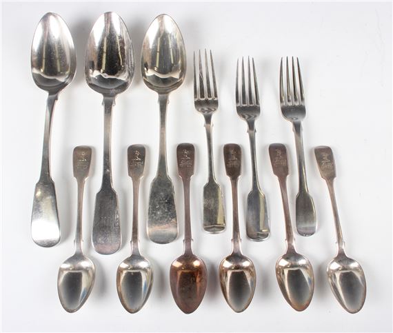 A set of six early Victorian Irish silver Fiddle pattern teaspoons by John Smyth, 1854