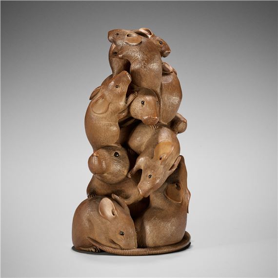 ITSUMIN: A FINE WOOD OKIMONO OF NUMEROUS RATS - Hokyudo Itsumin