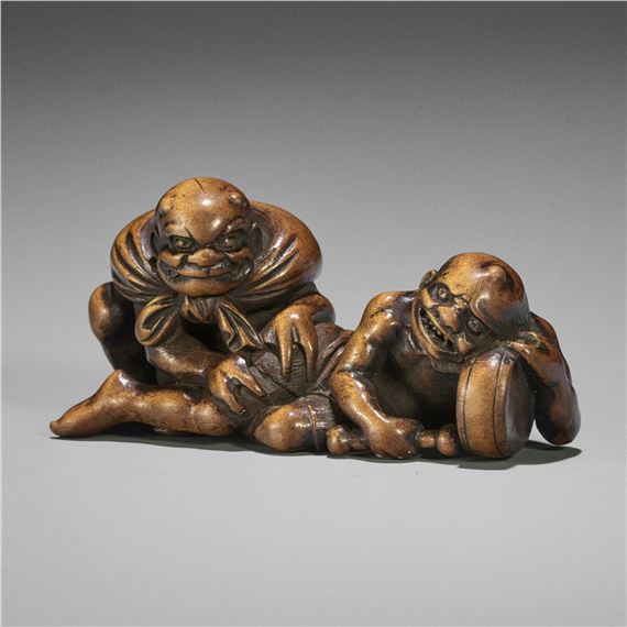 Japanese School, 19th Century | A RARE WOOD NETSUKE OF RAIJIN AND FUJIN ...