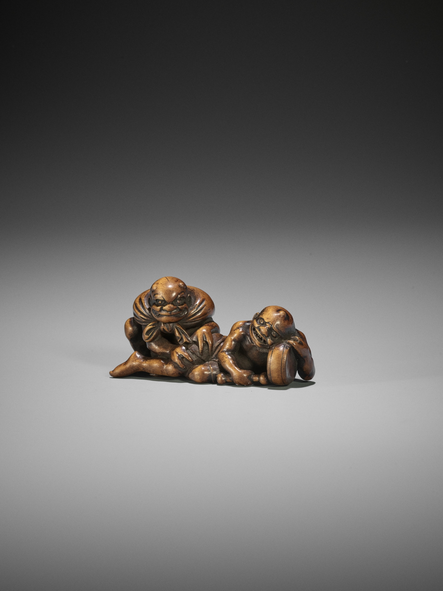 Japanese School, 19th Century | A RARE WOOD NETSUKE OF RAIJIN AND FUJIN ...