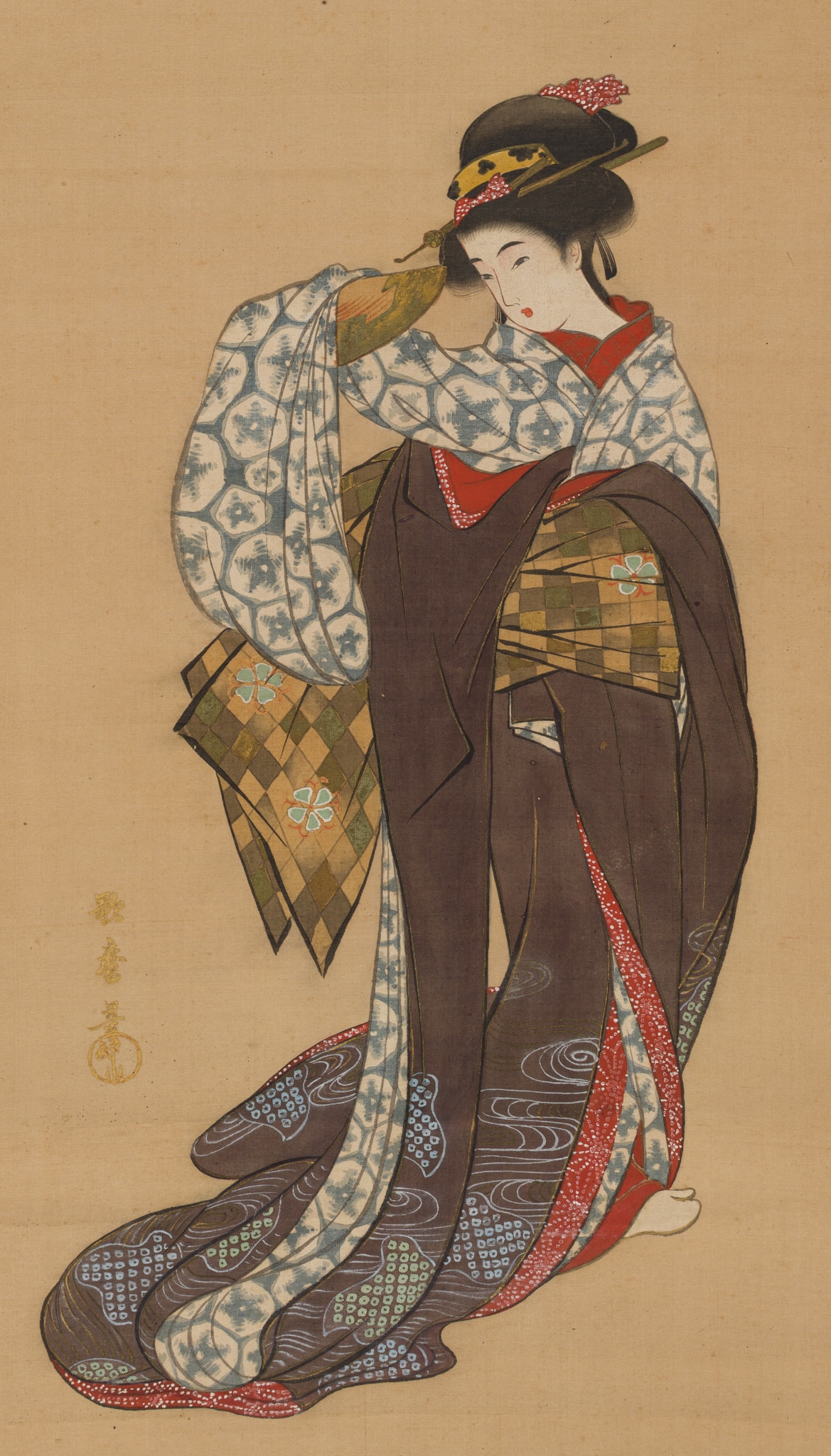 Artwork by Utamaro Hitsu, A HANGING SCROLL PAINTNG DEPICTING A BIJIN, AFTER KITAGAWA UTAMARO, Made of scroll painting