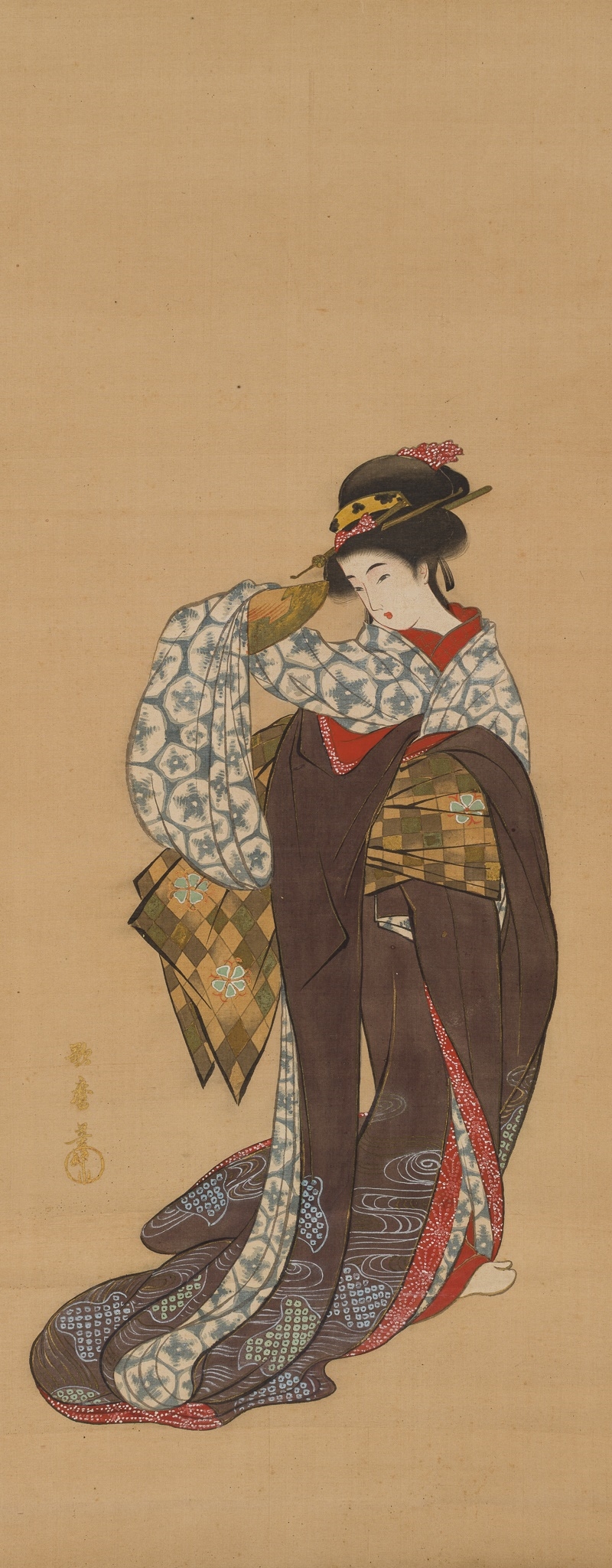 Artwork by Utamaro Hitsu, A HANGING SCROLL PAINTNG DEPICTING A BIJIN, AFTER KITAGAWA UTAMARO, Made of scroll painting