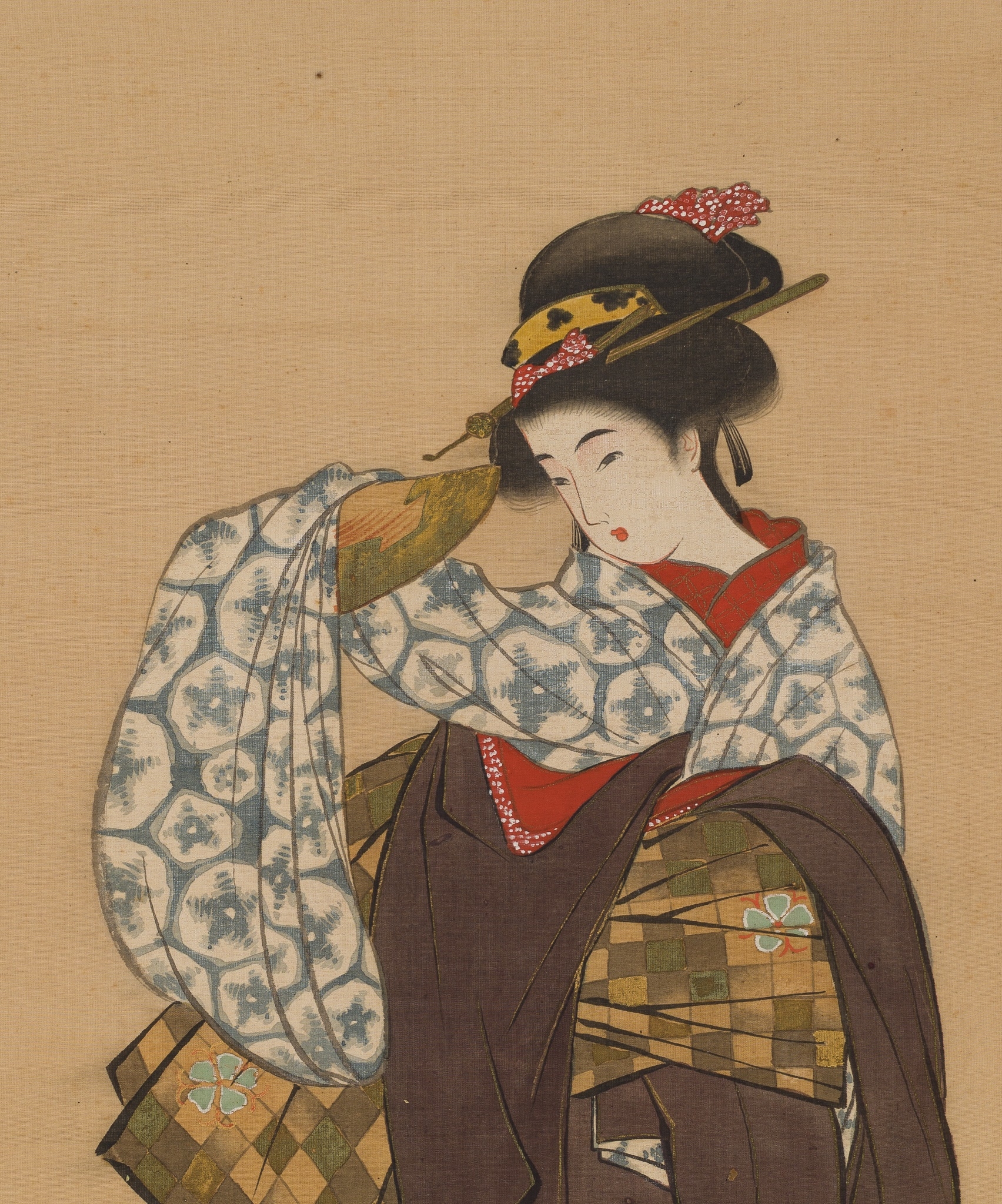 Artwork by Utamaro Hitsu, A HANGING SCROLL PAINTNG DEPICTING A BIJIN, AFTER KITAGAWA UTAMARO, Made of scroll painting