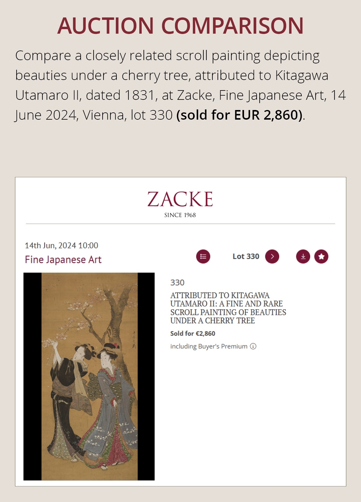 Artwork by Utamaro Hitsu, A HANGING SCROLL PAINTNG DEPICTING A BIJIN, AFTER KITAGAWA UTAMARO, Made of scroll painting