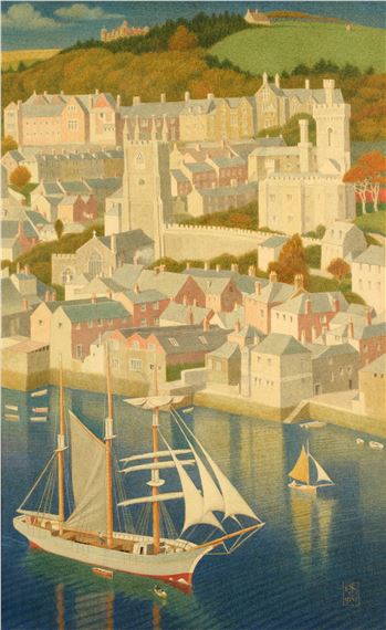 Fowe y Harbour with white barque - Joseph Edward Southall