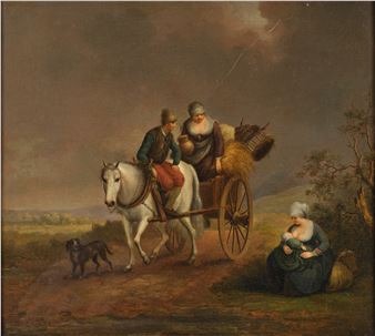Rustic figures travelling on a horse and cart, pausing on the road beside a mother feeding her baby - Johann Georg Pforr