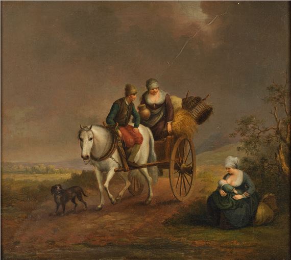 Rustic figures travelling on a horse and cart, pausing on the road beside a mother feeding her baby - Johann Georg Pforr