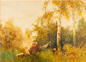 Mother and child at the edge of a wood, a lake beyond - Fred Hines