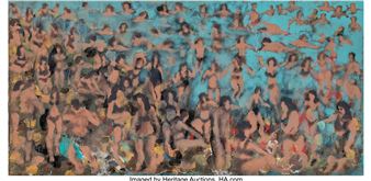 A crowded beach scene filled with numerous figures in swimwear against a turquoise background.